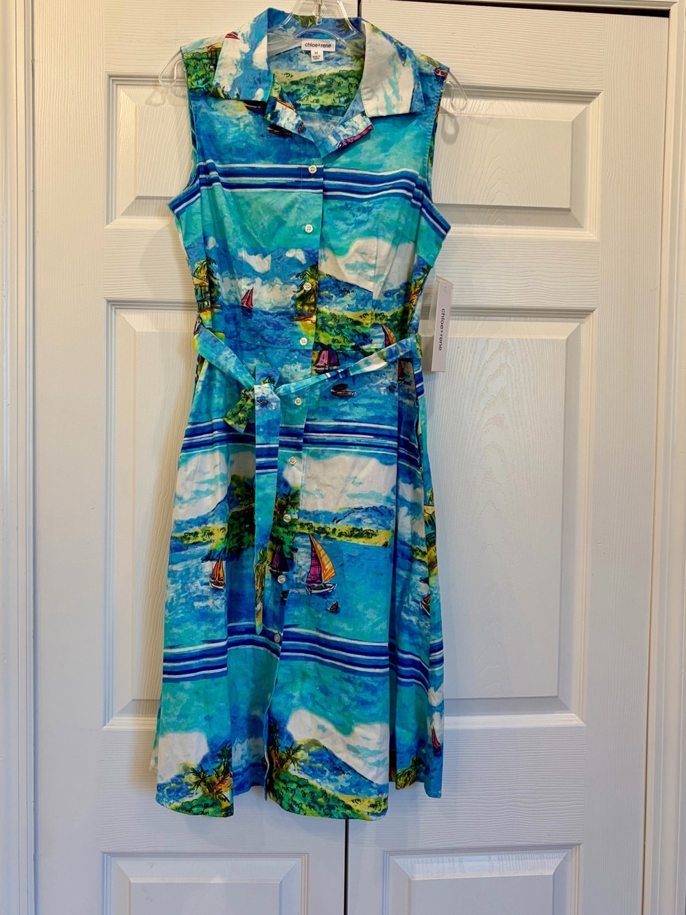 Chloe+Rene Sleeveless Collared Midi Dress in Tropical Scenic Print